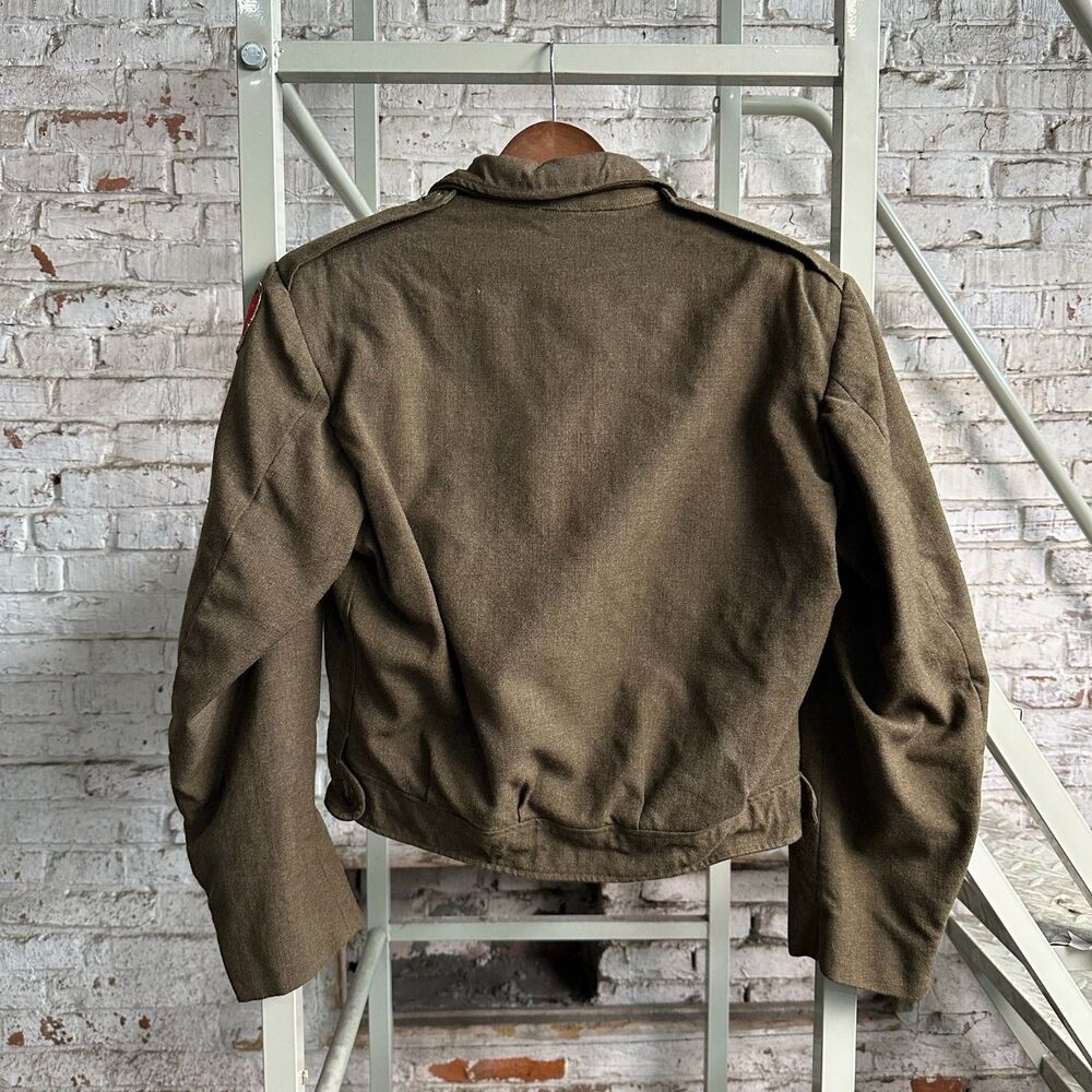 Olive Brown Cropped Uniform Jacket Chevron Sleeve Patches